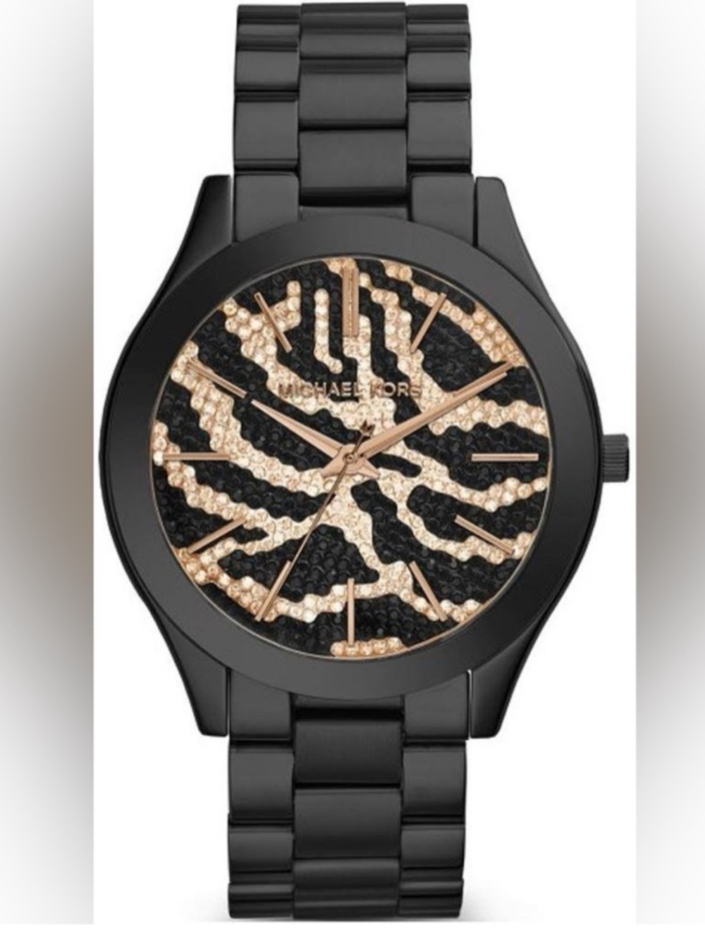 Michael Kors Black and Rose Gold Zebra Crystal Dial Bracelet Watch